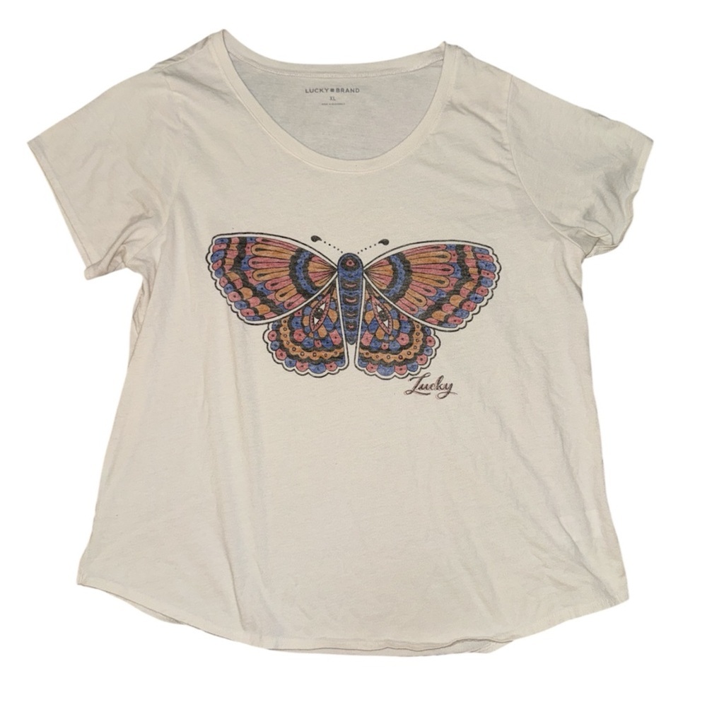 Lucky brand multicolor white butterfly graphic tshirt women’s size XL